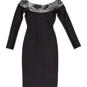 Herve Leger Black Off-the-Shoulder Long Sleeve Bandage Dress with Silver Trim